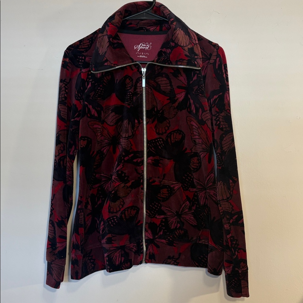 Y2K Velour Butterfly Print Dark Merlot Wine Purple Whimsigoth Full Zip Jacket